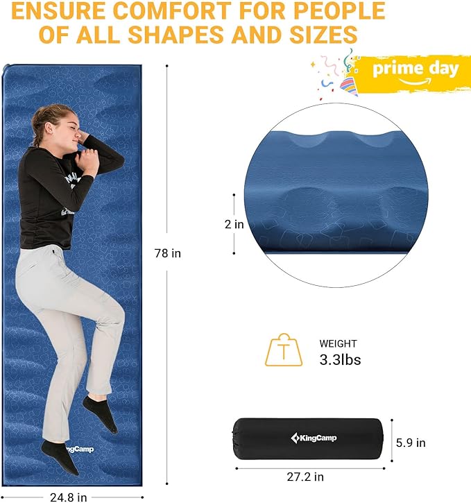 KingCamp Self Inflating Sleeping Pad for Camping with Built-in Pillow, Ultralight Sleeping Pad Camping Mat Durable for Camping Backpacking Hiking Single Double, 4 Size