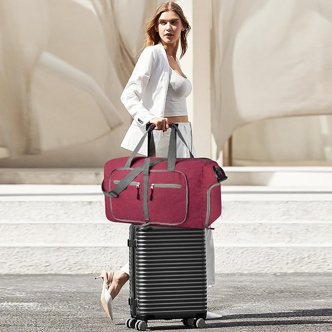 Dimayar 65L Travel Duffle Bag for Men Women - Foldable Duffel Bag with Shoes Compartment - Overnight Bags Waterproof & Tear Resistant(Red)