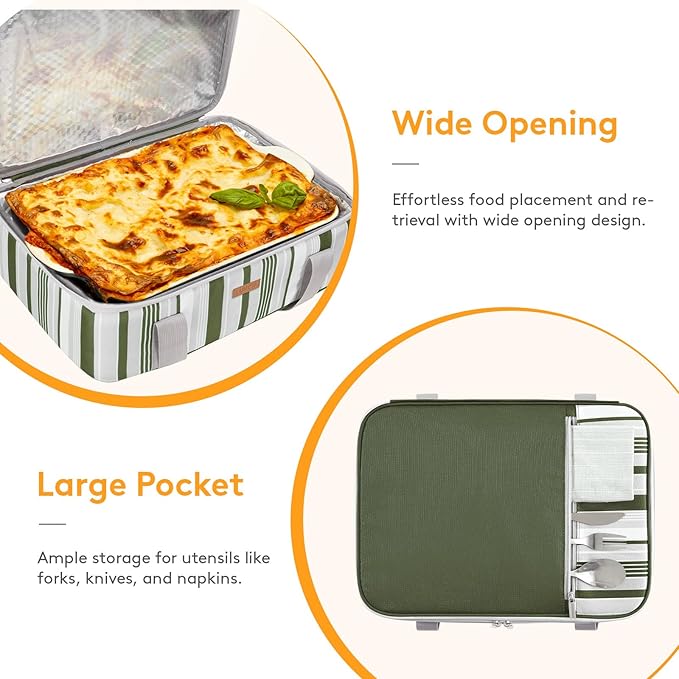 Insulated Casserole Carrier for Hot or Cold Food, Lasagna Lugger Tote for Potluck Parties/Picnic/Cookouts, Fits 9"×13" Baking Dish, Dark Green