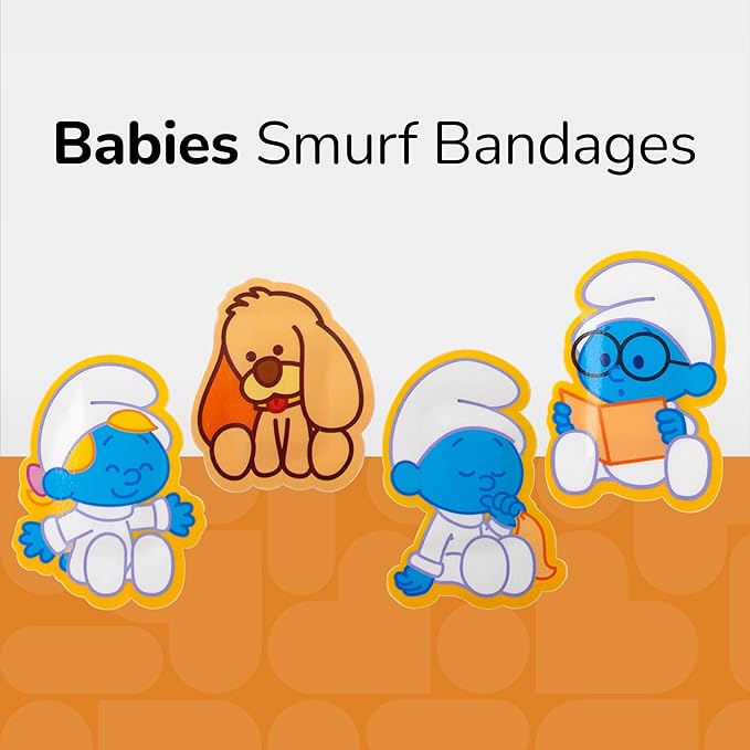 BioSwiss Bandages, The Smurfs Baby Smurf Shaped Self Adhesive Bandage, Latex Free Sterile Wound Care, Fun First Aid Kit Supplies for Kids and Adults, 24 Count Box
