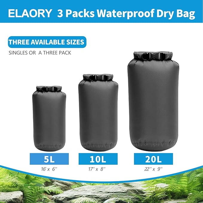 Waterproof Dry Bags 3 Pack (5L, 10L, 20L) - Lightweight Waterproof Storage Bags for Travel, Boating, Fishing, Rafting, Swimming, Camping & Outdoor Activities - Durable & Compact Design - Grey