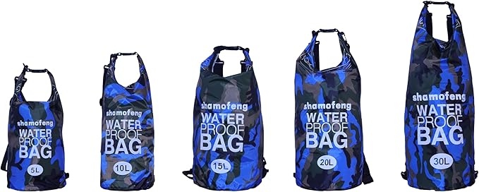 Waterproof Dry Bag Combo 5-30L Roll Top Dry Storage Bag Backpack for Kayaking Boating Beach Camping Travel Fishing, w/Phone Case & Collapsible Water Bottle & Sunglasses & Ear Band,Blue 5L