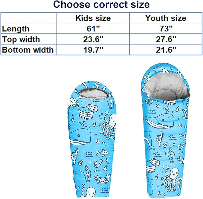 KidzAdventure Mummy Style 32 – 59F Kids Sleeping Bag with Pillow Sleeve, 4 Season, Lightweight and Backpacking Style, Ideal for Camping, Sleepover, Boys, Girls, Youth and Toddlers