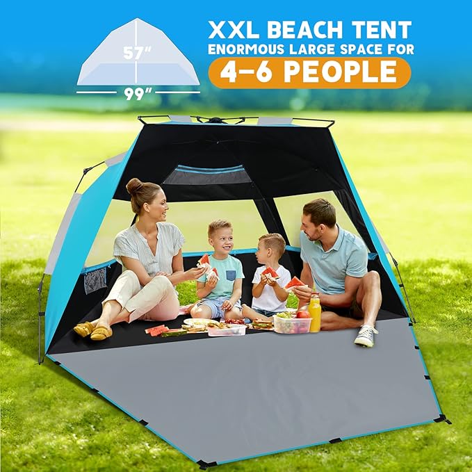 Beach Tent, Deluxe XL Pop-up Beach Tent for 4-6 Person, UPF 50+ with Dark Shelter Technology, Easy Set Up and Portable Beach Tent Sun Shelter