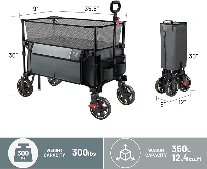 TIMBER RIDGE 350L Extra Large Collapsible Folding Wagon Carts with Brake, Heavy Duty Outdoor Camping Utility Wagons with Extended Height, Adjustable Handle, Cup Holders, Side Bag (Gray)