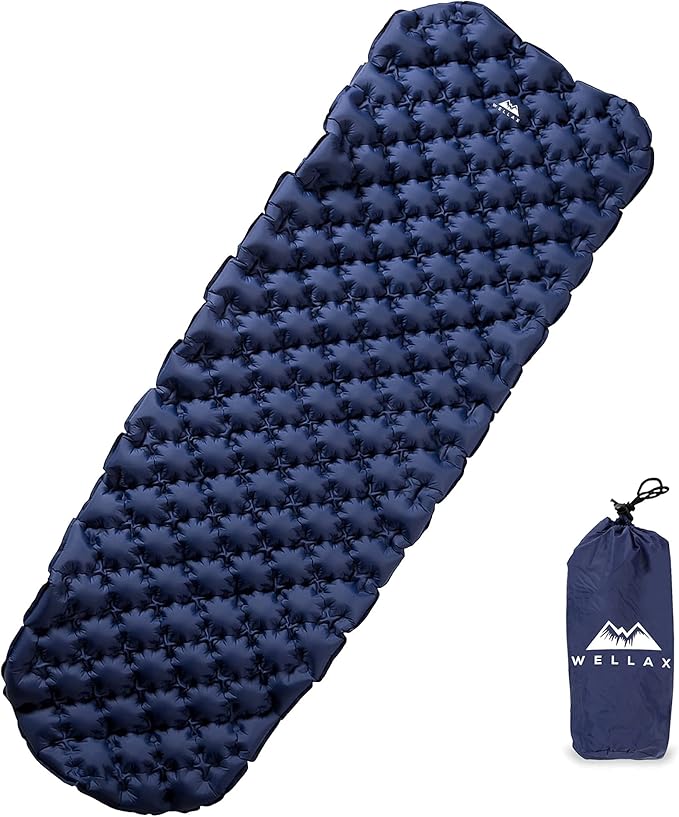 WELLAX Ultralight Air Sleeping Pad - Inflatable Sleeping Mat, Ultimate Airpad for Backpacking, Traveling, Camping and Hiking - Repair Kit, Carry Bag, Compact Air Mattress