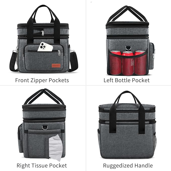 23L Extra Large Expandable Insulated Cooler Lunch Box for Men Double Deck Leakproof Heavy Duty Lunch Bag with 4 Ice Packs&2 Snack Bags for Adult/Construction/Women/Work/Picnic/Camping - Dark Gray