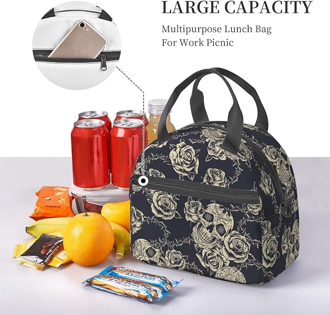 bassyil Skull Insulated Lunch Bag Reusable Lunch Box With Adjustable Shoulder Strap Cooler Tote Bag For Men Women