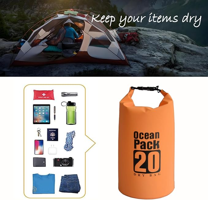 Floating Waterproof Dry Bag Backpack 5L/10L/20L, Roll Top Bag for Kayaking, Rafting, Boating, Swimming, Camping, Hiking, Beach, Fishing, Waterproof Beach Bag. (Orange, 20L)
