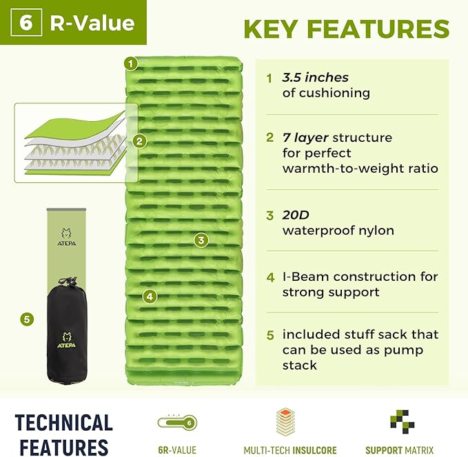 ATEPA Backpacking Sleeping Pad, 6 R-Value Insulated Ultralight Inflatable Sleeping Pad Thick Folding Camping Mattress with 7 Layers & Storage Bag for Camping Backpacking, Wide Long Size (72"x25")