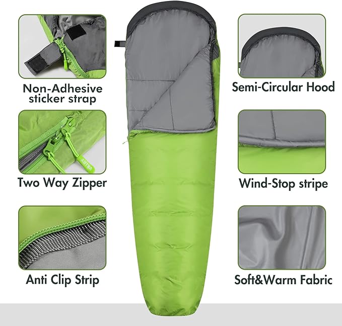 VILLEY Mummy Sleeping Bag, Lightweight Backpacking Sleeping Bag for Adults & Kids, Camping Hiking Equipment for 3-4 Seasons