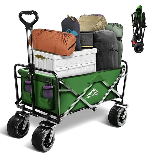 Collapsible Wagon Foldable Cart Heavy Duty, Large Capacity Grocery Beach Wagon for Camping Shopping, Green