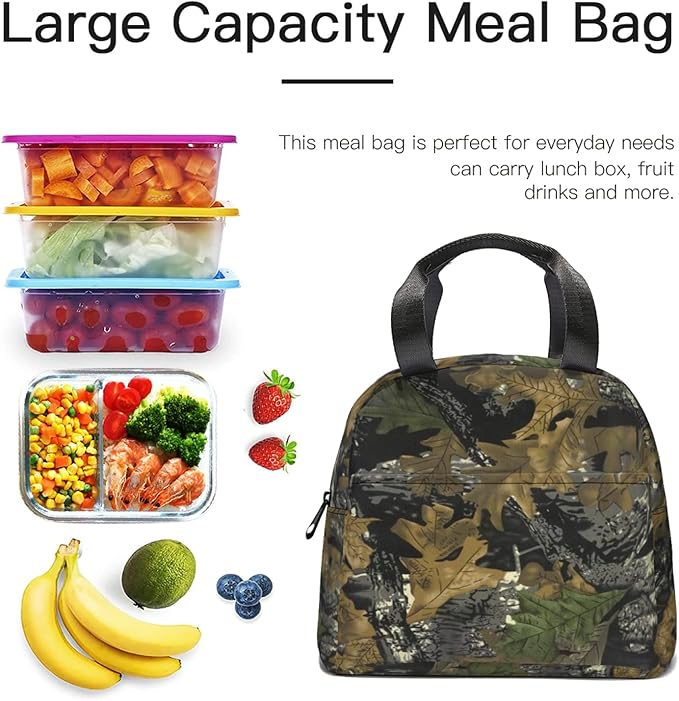 Giwawa Leaf Camouflage Insulated Lunch Bag for Men Women Tree Leaves Camo Reusable Lunch Box Thermal Lunch Cooler Tote Bags with Front Pocket for Kids Boys Girls Office Picnic
