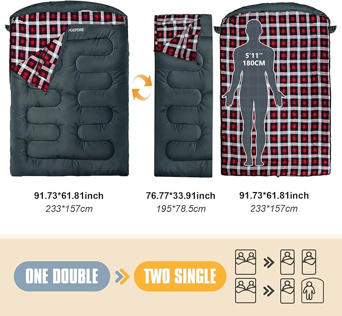 Double Sleeping Bag Flannel for Adults with 2 Pillows 2 Person Sleeping Bags Camping XXL Queen Size Two Person Sleeping Bag for Cold Weather