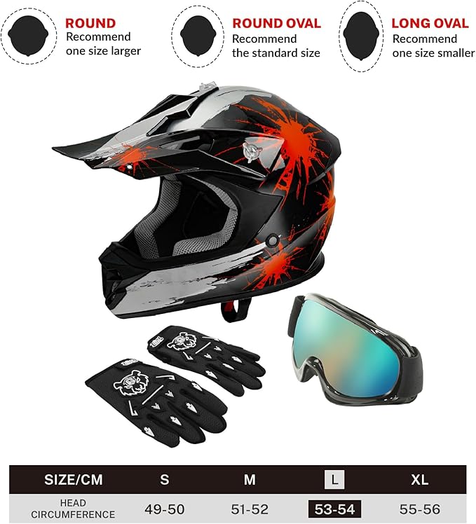 TCT-MOTORPARTS DOT Youth Kids Motocross ATV Helmets Offroad Street Dirt Bike Go-Kart BMX MX Full Face Helmet Black w/Red Fireworks Large Size