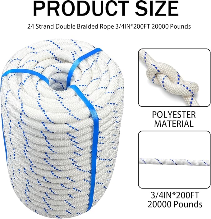 3/4 Inch x 200 Ft Double Braid Polyester Rope, 24 Strand Bull Rope Up to 20000Lbs Tensile Strength, Multipurpose Polyester Pulling Rope for Tree Work, Camping, Swings, Blue White