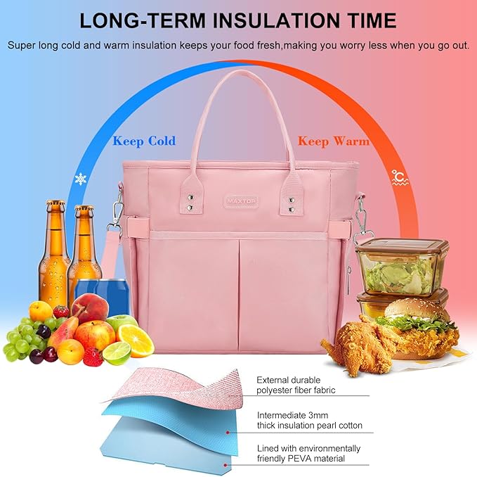 MAXTOP Lunch Bag Women for Work Insulated Thermal Lunch Box with Wide-Open Pocket Reusable Leakproof Cooler Bags with Removable Shoulder Strap for Teacher Nurse Office Picnic Travel Pink