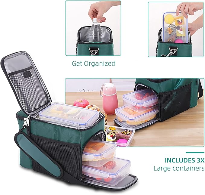 TOP&TOP Insulated Lunch Box and Cooler Bag for Men, Green, Unisex, Polyester, 13"L x 7"W x 9"H, 3 Reusable Meal Prep Containers, 2 Ice Packs, Detachable Shoulder Strap
