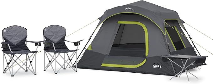 CORE 4 Person Instant Cabin Tent Camping Set | Includes 1 Pop Up Tent with 60 Second Setup, 1 Outdoor Table & 2 Camp Chairs | Perfect for Family Car Camping with Included Carry Bag