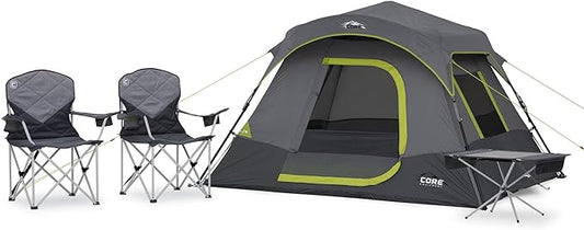 CORE 4 Person Instant Cabin Tent Camping Set | Includes 1 Pop Up Tent with 60 Second Setup, 1 Outdoor Table & 2 Camp Chairs | Perfect for Family Car Camping with Included Carry Bag