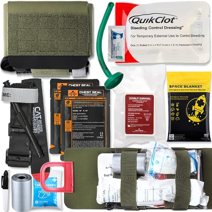 EVERLIT Rapid Aid Trauma Sleeve(Rats) EDC Trauma Kit, CAT GEN-7 Tourniquet QuikClot Gauze CE, Military Tactical IFAK for Bleeding Control (OD Green)