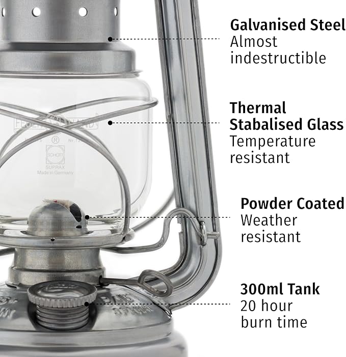 Outdoor Kerosene Fuel Lantern, German Made Weather Resistant Baby Special 276 Galvanized Hurricane Lamp for Camping or Patio, 10 Inches, Sparkling Iron Gray
