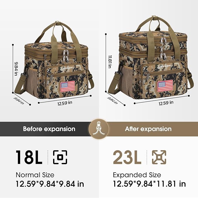 Maelstrom Tactical Lunch Box for Men, 23L Insulated Lunch Bag, Expandable Double Deck Cooler Bag, Lightweight Leakproof Tote Bag With Side Tissue Pocket, Suit For Men and Women, Camouflage