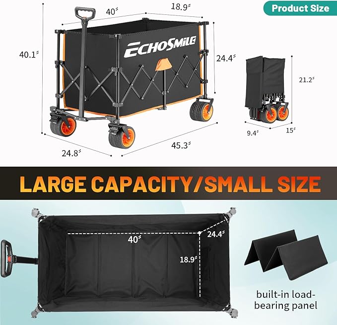 EchoSmile Collapsible Foldable Extended Height Wagon with 500lbs Weight Capacity,Folding Utility Garden Cart with Big All-Terrain Beach Wheels,for Camping, Garden,Sports,Beach,Shopping,Black & Orange