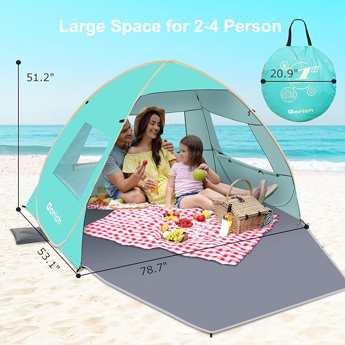 Gorich Easy Pop Up Beach Tent for 3-4 Person, UPF 50+ UV Protection Beach Umbrella Sun Shelter, Portable Lightweight Cool Cabana Shade with Easy Foldable & Instant Setup