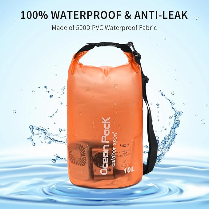 Waterproof Dry Bag for Women Men,10L/15L Roll Top Lightweight Dry Storage Bag Backpack,Floating Sack with Waterproof Phone Case, Kayaking,Swimming, Camping, Hiking, Beach (Orange, 10L)