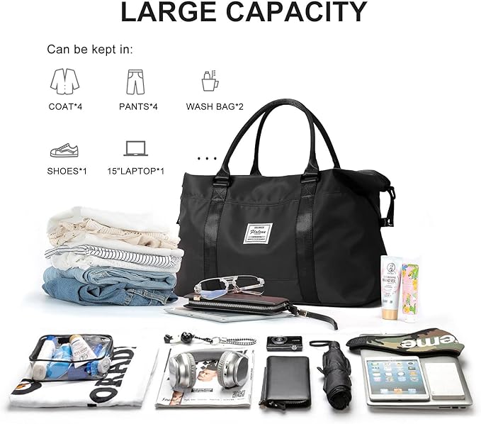 Weekender Duffel Bags for Women Men, Travel Totes Bag for Airplane, Cute Sports Gym Dance Overnight Luggage Bag with Wet Pocket, Carry On Hospital Bag for Labor and Delivery (Large Black)