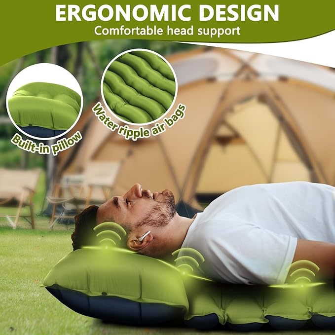Double Camping Sleeping Pad, Extra-Thick Camping Mat for 2 Person with Pillow, Built-in Foot Pump Inflatable Sleeping Pads, Compact Camp Air Mattress for Backpacking, Hiking