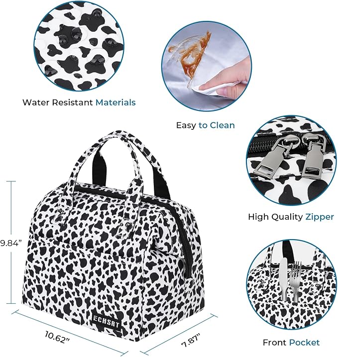 ECHSRT Large Insulated Lunch Bag for Women Men Leakproof Cooler Lunch Tote Bags for Work Travel Adult Thermal Lunchbox for Office -10L Cow Print