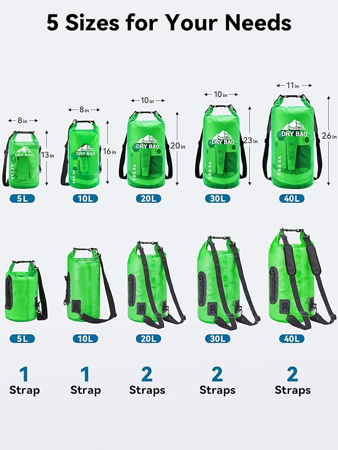 HEETA Dry Bag Waterproof for Women Men, 5L/10L/20L/30L/40L Roll Top Lightweight Dry Storage Bag Backpack with Phone Case for Travel, Swimming, Boating, Kayaking, Camping & Beach, 11 Transparent Colors