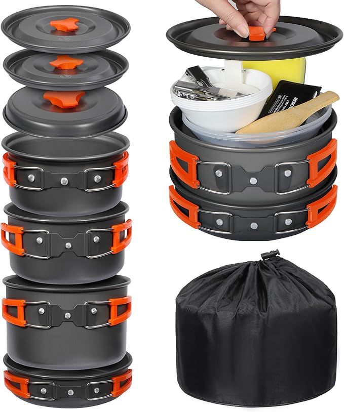 REDCAMP 12/14/15/19 PCS Camping Cookware Mess Kit Camping Gear Campfire Utensils Lightweight Stackable Pot Pan Bowls Soup Spoon with Storage Bag for Camping, Backpacking, Outdoor Cooking, Picnic