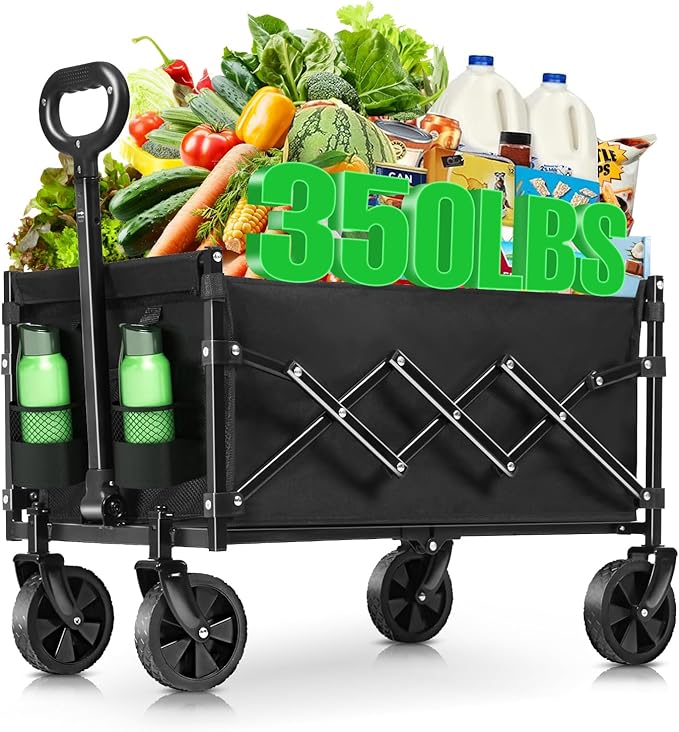 Collapsible Wagon Cart Foldable, 100L Folding Wagon Cart with Wheels, Outdoor Utility Carts with 350lbs Weight Capacity for Grocery Beach Camping Shopping, Black