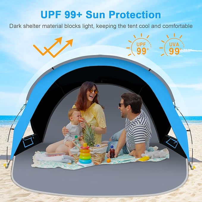 Gorich Beach Tent Sun Shelter with UPF50+ UV Protection for 3-6 Person, Lightweight & Portable Beach Shade Canopy with 2 Zippered Doors, Easy Setup Family Beach Umbrella