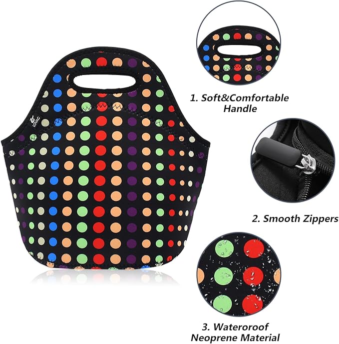 LOVAC Neoprene Lunch Bag, Thick Insulated Lunch Bag - Durable & Waterproof Lunch Tote With Zipper For Outdoor Travel Work School (Small Colorful Dot)