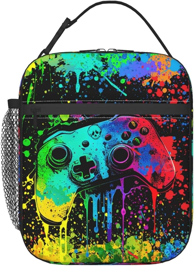 Video Game Controller Insulated Lunch Bag, Colorful Abstract Artist Painting Lunch Box for Boys Girls Kids, Portable Reusable Zipper Lunch Box for Men Women School Work Travel