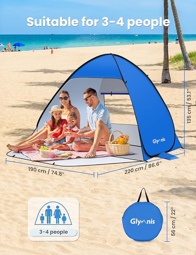 Pop Up Beach Tent Beach Shade Tent for 1-4 Persons Sun Shelter UPF 50+ Enclose Zipper Door Portable Easy Up Beach Tent