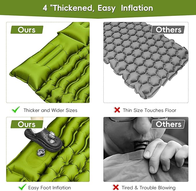 Double Sleeping Pad for Camping, Self Inflating 4" Extra-Thick Camping Mattress Pad 2 Person with Pillow, Built-in Foot Pump, Ultralight Camping Bed Mat for Backpacking Hiking Traveling Tent