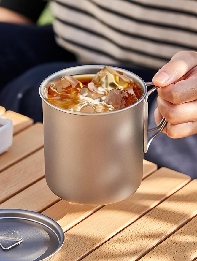 Titanium Camping Mug 400ml/13.5oz Lightweight Titanium Pot with Lid Foldable Handle Tea Cup Coffee for Outdoor Backpacking Hiking Traveling Picnic