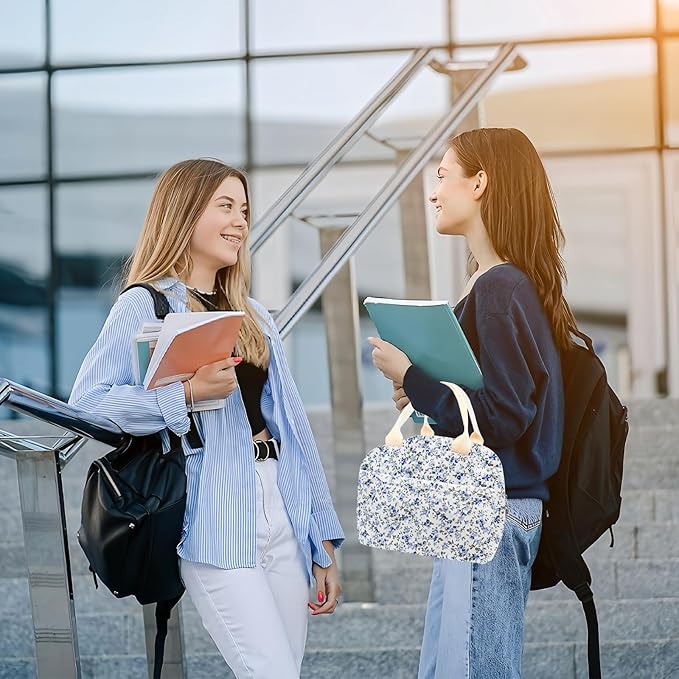 Cotton Quilted Insulated Lunch Bag, Cute Quilted Floral Lunch Tote Bags Reusable Insulated Lunch Box Coquette Aesthetic Large Capacity Insulated Cooler for Women Men Work Travel Picnic (Dark Blue)