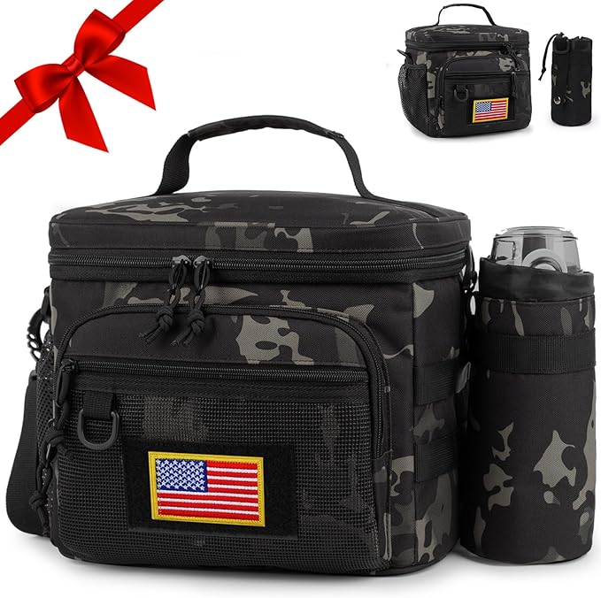 Tactical Reusable Lunch Bag for Men/Women - Insulated Lunch Box Leakproof Lunch Pail Freezable with Adjustable Shoulder Strap,Lunch Cooler Bag for Work Office Picnic Beach，Black Camo