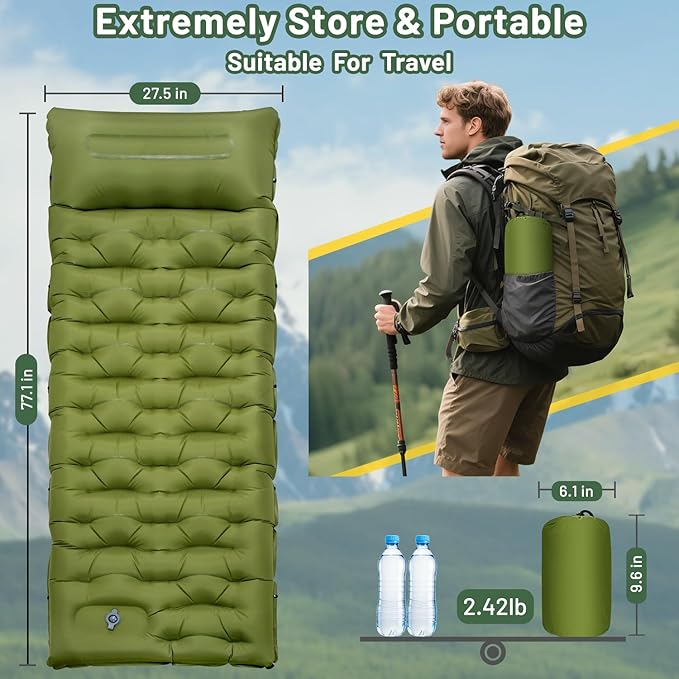 Sleeping Pad for Camping, 6" Extra Thick Camping Sleeping Pad with Pillows & Built-in Foot Pump, Ultralight Inflatable Sleeping Pads Compact for Travel Tent Hiking Camping Backpacking Car Camp Gear