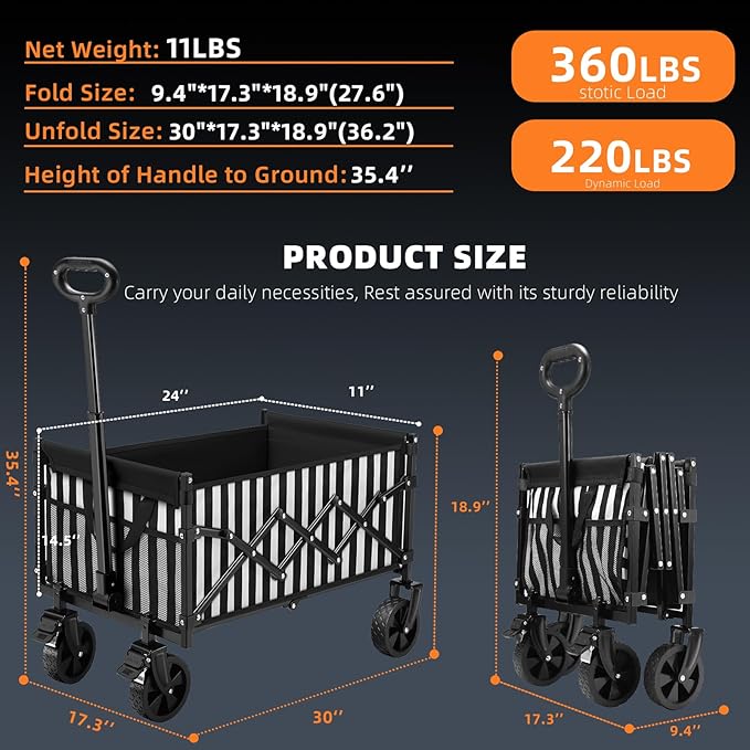 CAMTOP Collapsible Wagon Cart Foldable Wagon Portable Heavy Duty Folding Wagons with Braking Wheels Lightweight Outdoor Utility Wagon for Shopping, Sports, Camping, Garden, Grocery, Beach (Stripes)