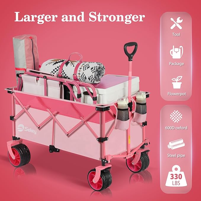 Sekey 330lbs Collapsible Foldable Wagon with Large Capacity, Heavy Duty Folding Utility Garden Cart with Big All-Terrain Beach Wheels & Drink Holders. Barbie Pink