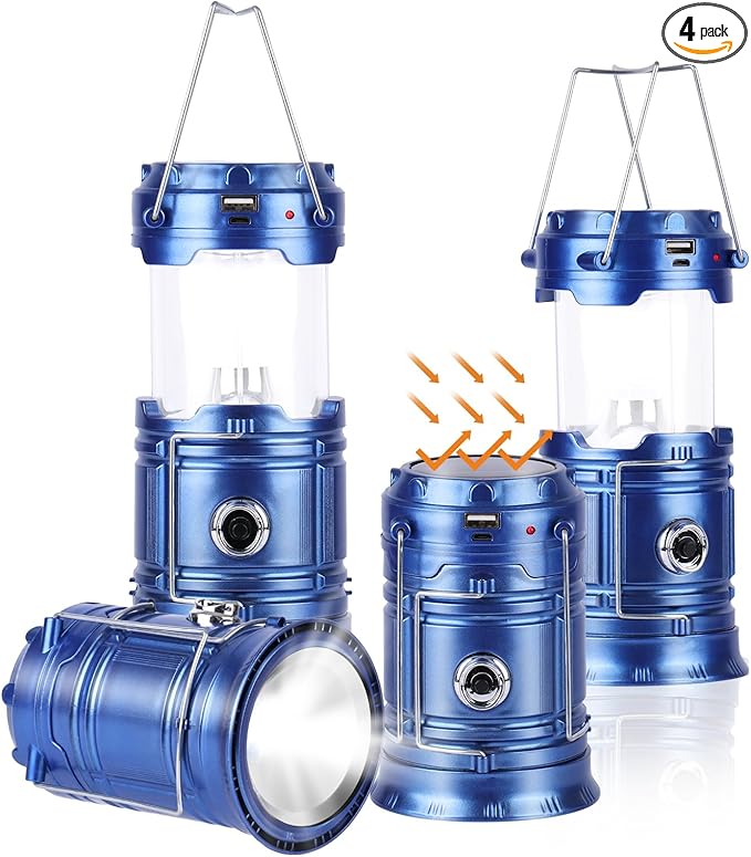 Solar Camping Lantern for Power Outages - USB Rechargeable Lamp Camping Essentials，Collapsible Waterproof Solar Lights for Indoor Outdoor Emergency Light/4 Packs/Blue