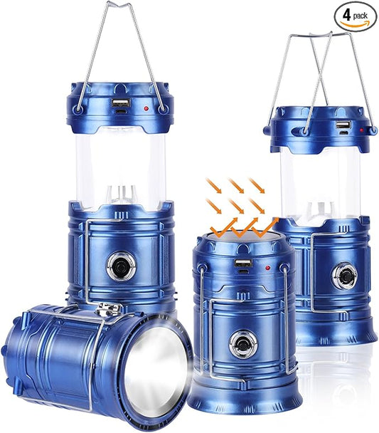 Solar Camping Lantern for Power Outages - USB Rechargeable Lamp Camping Essentials，Collapsible Waterproof Solar Lights for Indoor Outdoor Emergency Light/4 Packs/Blue