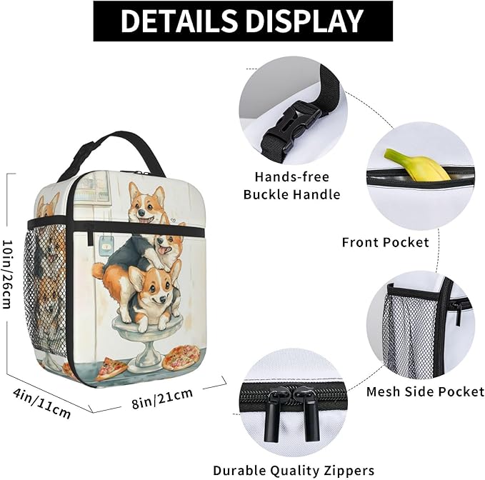 Dog Pizza Lunch Bag Insulated Reusable Lunch Box Thermal Cooler Tote For Men Women Work Travel Picnic Hiking